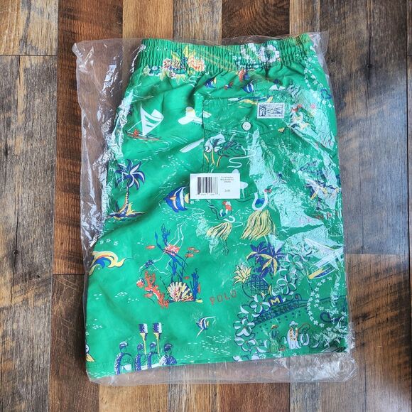 NWT Polo Ralph Lauren Hawaiian Traveller Tropical Swim Shorts Men Sz 3XB Green - Picture 2 of 7